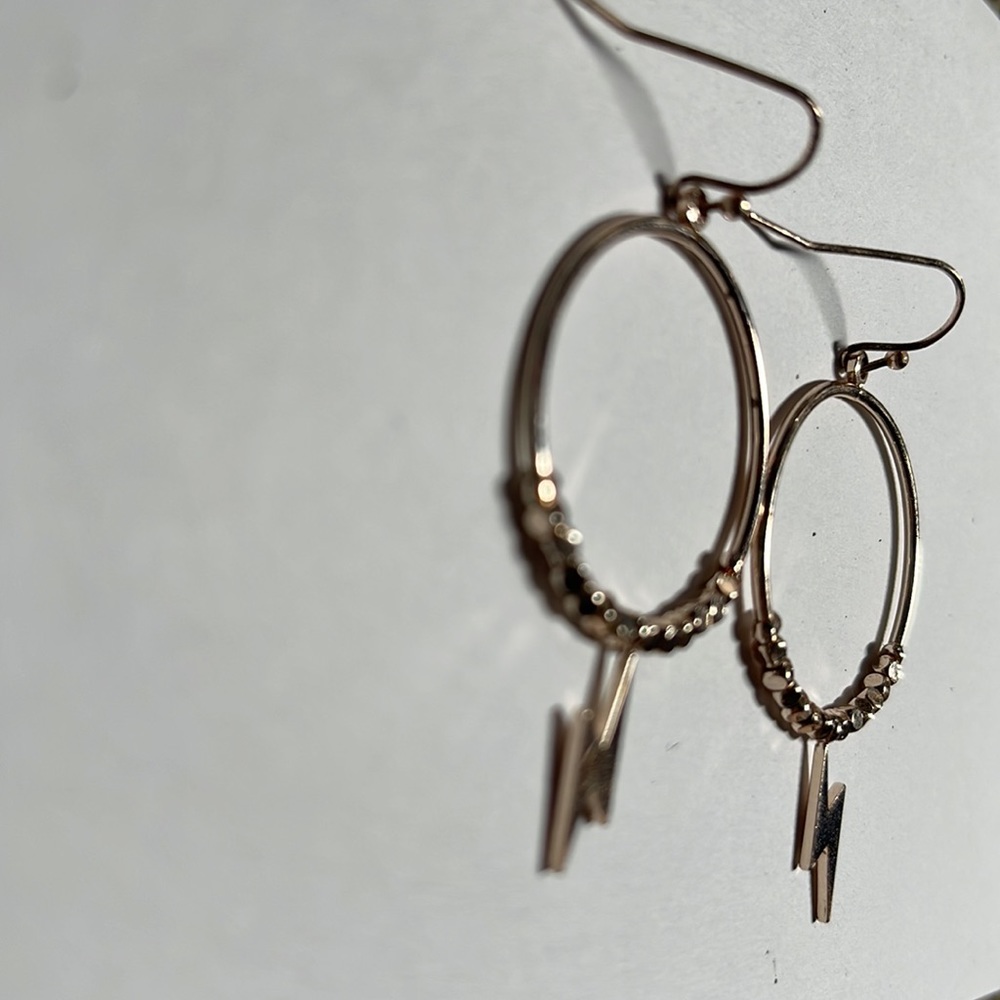 Gold Drop Hoop Earrings w/ Lightening Bolt - Picture 2 of 4